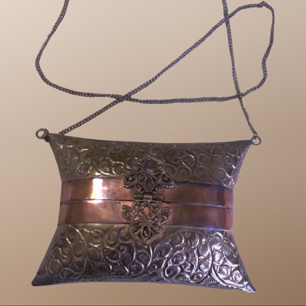 Vintage Brass Metal Hard Purse with chain handle
